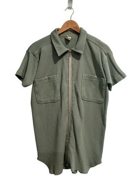 Fitigues Vtg Waffle-Knit Shirt Full Front Zipper Short Sleeve Sage Green